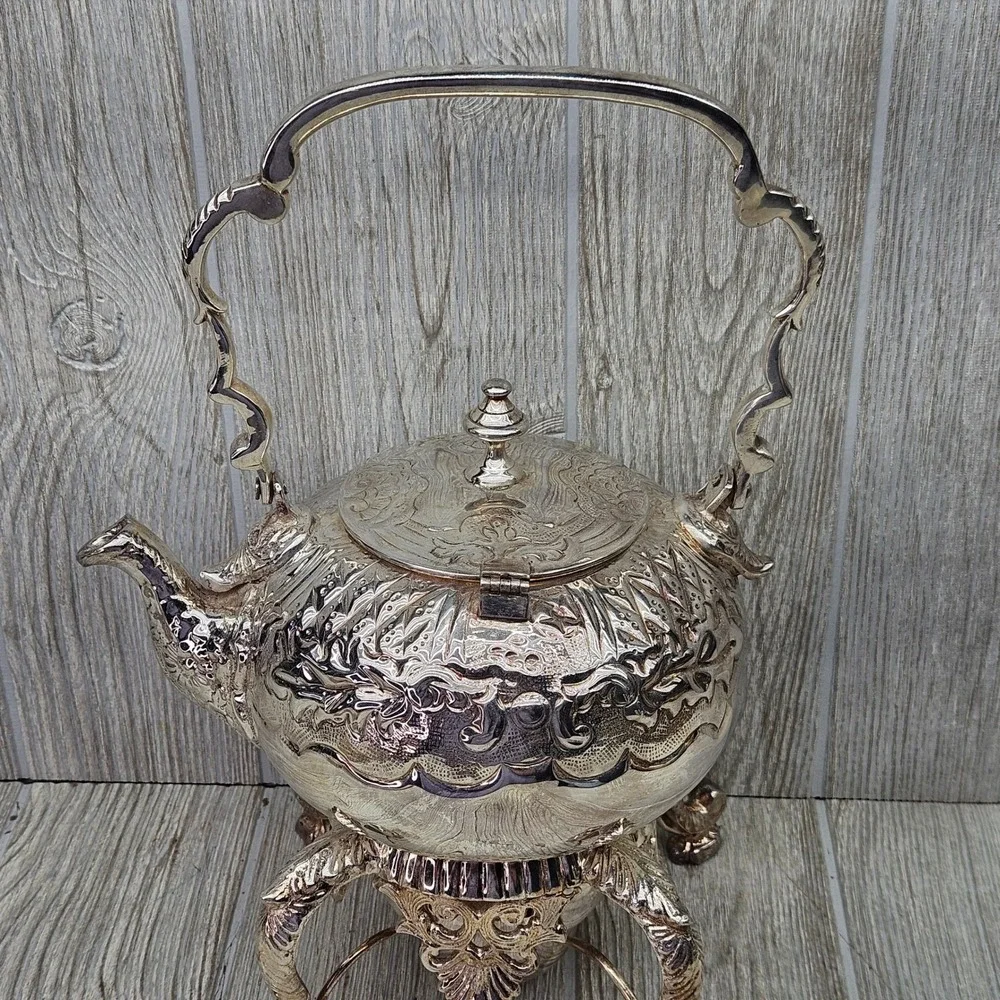 Vintage Silver Plated Ornate Repousse Teapot on Warming Stand Set